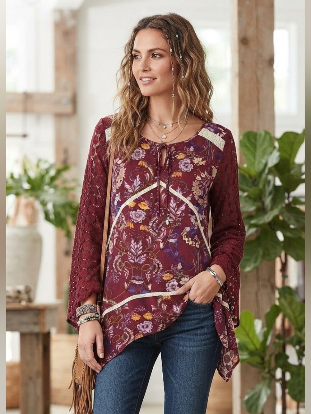 Kori America boho Style Long Sleeve Blouse Floral Sz M